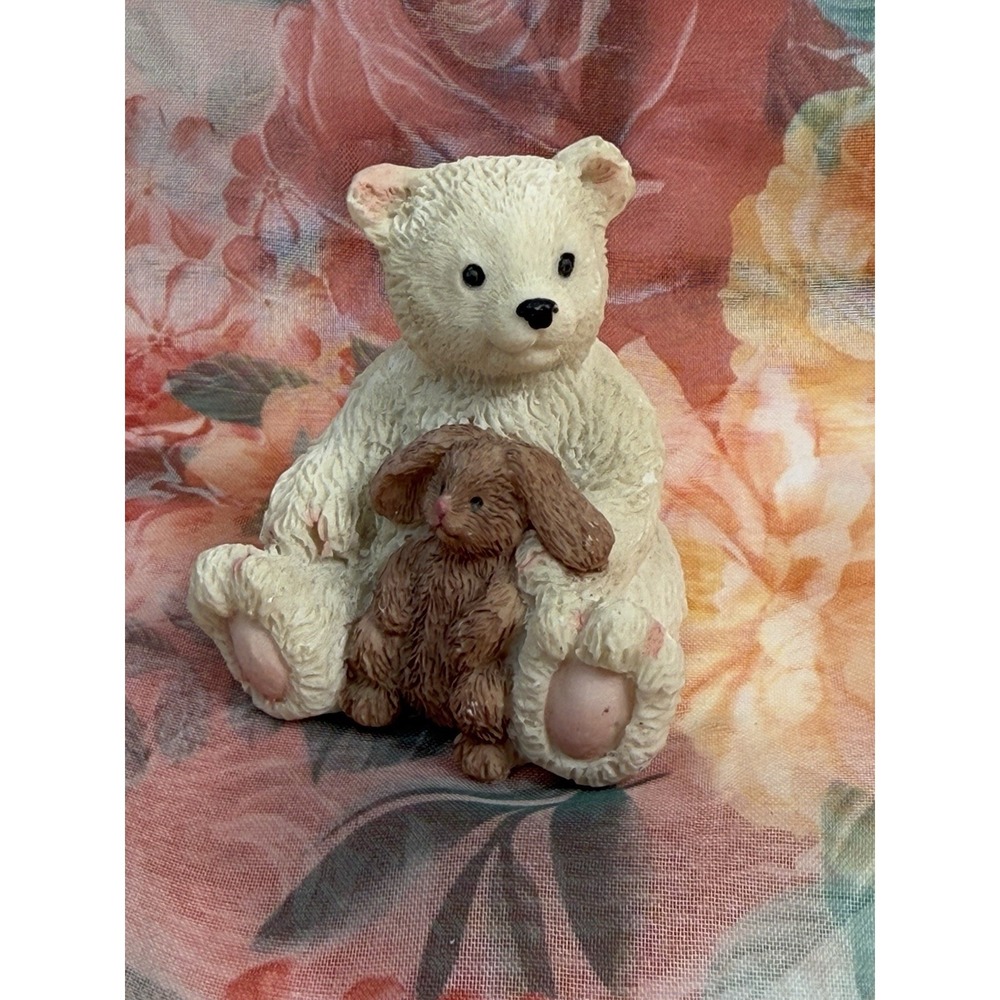 Vintage Ceramic Teddy‎ Bear Figurine Holding Rabbit Mini Animal 2.5"